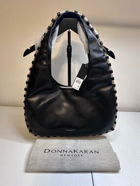 Donna Karan Batiste Triple Compartment Black Leather Hobo Chain Bag NWT
